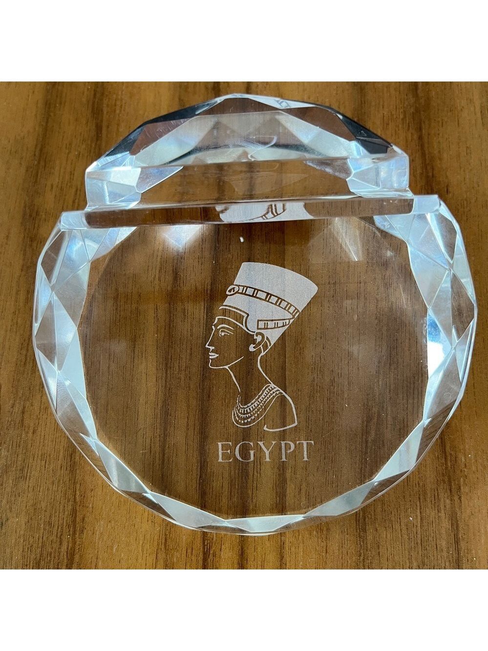 GLASS Faceted Paperweight Business Card Holder Egypt Queen Nefertiti Engraved